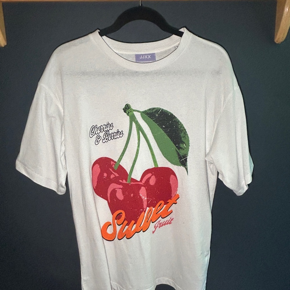 Simons White Tee with Red Cherry Graphic and Green Leaf
